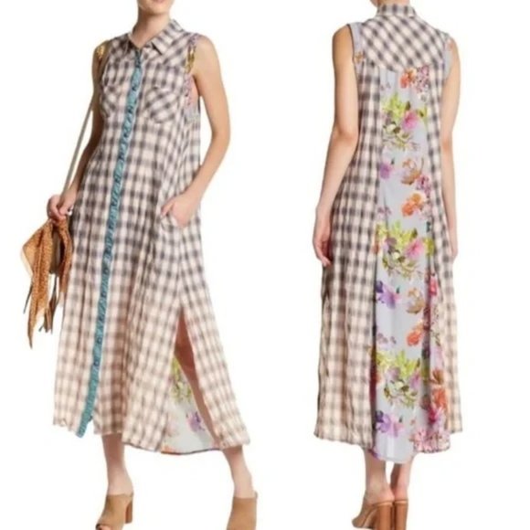 Anthropologie Dresses & Skirts - Anthropologie Plaid and Floral Maxi Dress - Black, White, Blue, Multicolor